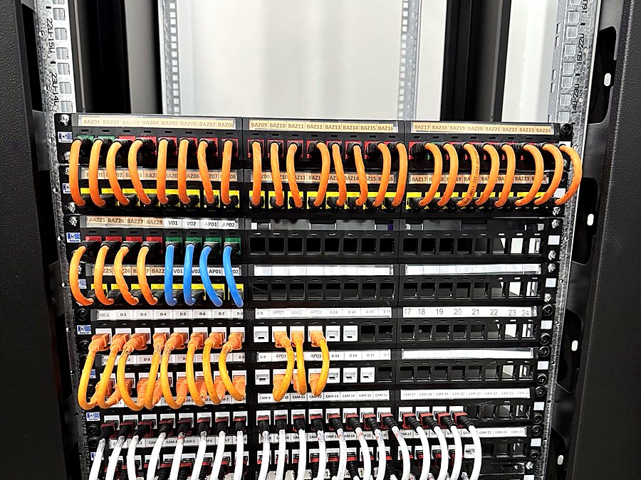 Düzenli kablolanmış patch panel ve kabin